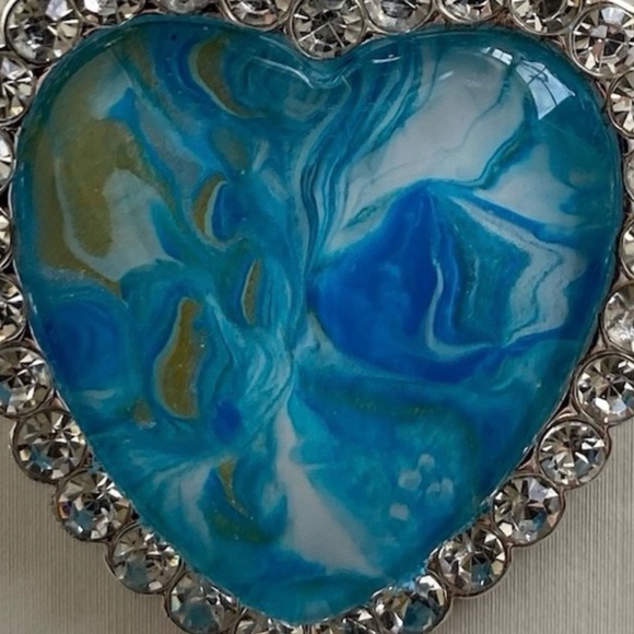 Handmade Blue Fluid Art Heart Pendant Necklace Silver Tone Rhinestone Frame - Picture 7 of 10